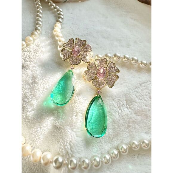 Mint green and light pink teardrop flower cubic zirconia dangle earrings ￼ - Picture 11 of 11